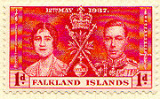 A Falkland stamp commemorating the coronation of King George VI of the United Kingdom.