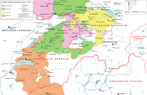 The house dominions that existed around AD 1200:      Savoy      Zähringer      Habsburg      Kyburg