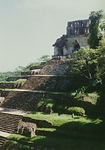 Temple of the Cross at Palenque. Note the intricate roof comb and corbeled arch.