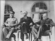 Left to right: General Secretary of the Communist Party Joseph Stalin, President Franklin D. Roosevelt of the United States, and Prime Minister Winston Churchill of the United Kingdom.