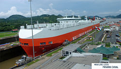 A Panamax ship in transit through the Miraflores locks, Panama Canal