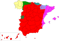 The languages of Spain (simplified) Spanish (74%), official, spoken in all the territory Catalan (17%), co-official, except in La Franja and Carxe Basque (2%), co-official, in Basque Country and Navarre Galician (7%), co-official, except in Asturias and Castile and Leon Asturian, unofficial, but adopted as co-official in some municipalities of Asturias Extremaduran, unofficial Aragonese, unofficial Aranese, co-official (dialect of Occitan) .