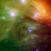 A Spitzer image of the Pleiades in infrared light, showing the associated dust. Credit: NASA/JPL-Caltech