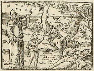 "A child of the mob once asked an astronomer who the father was who brought him into this world. The scholar pointed to the sky, and to an old man sitting, and said: 'That one there is your body's father, and that your soul's.' To which the boy replied: 'WHAT IS ABOVE US IS OF NO CONCERN TO US, and I'm ashamed to be the child of such an aged man!' O WHAT SUPREME impiety, not to want to recognize your father, and not to think God is your maker!" Emblem illustrating practical atheism and its historical association with immorality, titled "Supreme Impiety: Atheist and Charlatan", from Picta poesis, by Barthélemy Aneau, 1552.