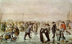 Dutch burghers playing a game that looks much like ice hockey.