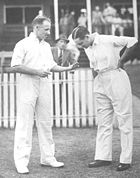 Bradman and England captain Gubby Allen toss at the start of the 1936–37 Ashes series. The five Tests drew more than 950,000 spectators including a world record 350,534 to the third Test at Melbourne.