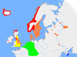 The approximate extent of Old Norse and related languages in the early 10th century: &nbsp;&nbsp;&nbsp;&nbsp;&nbsp; Old West Norse dialect  &nbsp;&nbsp;&nbsp;&nbsp;&nbsp; Old East Norse dialect  &nbsp;&nbsp;&nbsp;&nbsp;&nbsp; Old Gutnish dialect  &nbsp;&nbsp;&nbsp;&nbsp;&nbsp; Crimean Gothic  &nbsp;&nbsp;&nbsp;&nbsp;&nbsp; Old English  &nbsp;&nbsp;&nbsp;&nbsp;&nbsp; Other Germanic languages with which Old Norse still retained some mutual intelligibility 