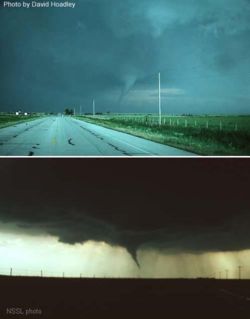 Photographs of the Waurika, Oklahoma tornado of May 30, 1976, taken at nearly the same time by two photographers. In the top picture, the tornado is front-lit, with the sun behind the east-facing camera, so the funnel appears nearly white. In the lower image, where the camera is facing the opposite direction, the tornado is back-lit, with the sun behind the clouds.