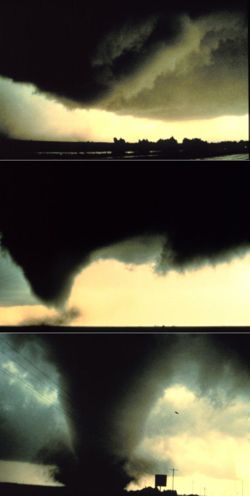 A sequence of images showing the birth of a tornado. First, the rotating cloud base lowers. This lowering becomes a funnel, which continues descending while winds build near the surface, kicking up dust and other debris. Finally, the visible funnel extends to the ground, and the tornado begins causing major damage. This tornado, near Dimmitt, Texas, was one of the best-observed violent tornadoes in history.