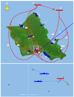 The attackers came in two waves. The first wave was detected by U.S. Army radar at 136 nautical miles (252 km), but was misidentified as USAAF bombers from the mainland.Top:A. Ford Island NAS B. Hickam Field C. Bellows Field D. Wheeler Field E. Kaneohe NAS F. Ewa MCAS R-1. Opana Radar Station R-2. Kawailoa RS R-3. Kaaawa RSG. Haleiwa H. Kahuku I. Wahiawa J. Kaneohe K. Honolulu0. B-17s from mainland 1. First strike group 1-1. Level bombers 1-2. Torpedo bombers 1-3. Dive bombers 2. Second strike group 2-1. Level bombers 2-1F. Fighters 2-2. Dive bombersBottom:A. Wake Island B. Midway Islands C. Johnston Island D. HawaiiD-1. Oʻahu1. USS Lexington 2. USS Enterprise 3. First Air Fleet