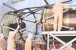 Construction of Hubble. The optical metering truss and secondary baffle are visible.