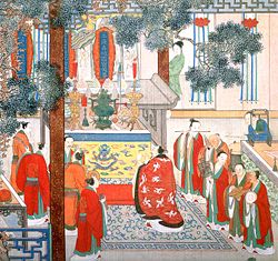 Detail of circa 1700 painting of a Taoist ritual for the dead, illustrating a scene from The Plum in the Golden Vase. Note the plaques at the back of the altar of the Three Purities, and the various ritual implements including incense burner and ritual sword on the right. (According to the novel the sword is engraved with the seven stars of the big dipper.) Bowls hold food offerings for the deceased woman, Li Ping'er.