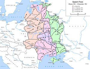 The eastern front at the time of the Battle of Moscow: Initial Wehrmacht advance — to 9 July 1941 Subsequent advances — to 1 September 1941 Encirclement and battle of Kiev to 9 September 1941 Final Wehrmacht advance — to 5 December 1941