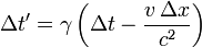 \Delta t' = \gamma \left(\Delta t - \frac{v \,\Delta x}{c^{2}} \right)