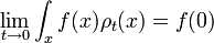 \lim_{t\rightarrow 0} \int_x f(x) \rho_t(x) = f(0)
\,