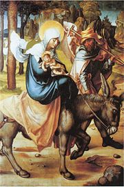 Mary, Joseph, and the child Jesus during the flight into Egypt are depicted in a panel from Albrecht Dürer's Seven Sorrows of the Virgin (c. 1494–97).
