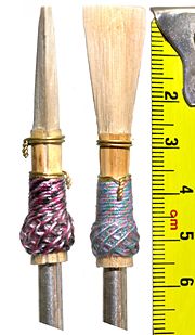 Bassoon reeds are usually around 5.5 cm (2.2 in) in length and wrapped in string.