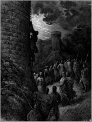 Bohemond of Taranto alone mounts the rampart of Antioch, in an engraving by Gustave Doré.