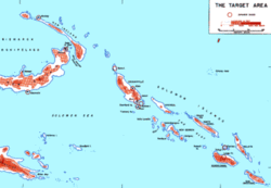 The Solomon Islands. "The Slot" (New Georgia Sound) runs down the center of the islands, from Bougainville and the Shortlands (center) to Guadalcanal (lower right).