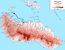 Approximate routes of Japanese force under Abe (red line) and U.S. force under Callaghan (black line) as they head towards each other early on November 13 in Ironbottom Sound between Savo Island, Cape Esperance, and Lunga Point on Guadalcanal. The green area near Lunga Point on Guadalcanal marks the location of Henderson Field.