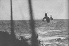 Kondo's bombardment force heads towards Guadalcanal during the day on November 14. Photographed from heavy cruiser Atago, battleship Kirishima is in the center followed by heavy cruiser Takao.