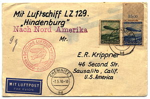 One of many covers flown on the Hindenburg zeppelin, featuring a variety of postal markings.