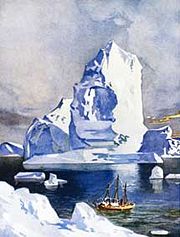 An Iceberg dwarfs a ship in this 1920s English magazine illustration of a whaler in the Antarctic