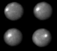 Hubble Space Telescope images of Ceres, taken in 2003/4 with a resolution of about 30&nbsp;km. The nature of the bright spot is uncertain.