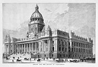 Lithograph of the original plans for Parliament House, Melbourne. Construction began in 1855 but later stalled and the proposed reading room dome and wings were never completed.