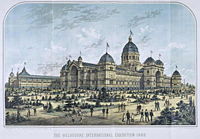 Lithograph of the Royal Exhibition Building (now a World Heritage site) built to host the World's Fair of 1880. The main building has hosted several such fairs and later hosted the opening of the first Parliament of Australia. The area of the rear wings pictured is now parkland.