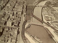 Melbourne and the Yarra in 1928. The Yarra was a major transport hub. The turning basin at Queensbridge was no longer the major a port, the river's course was modified and widened and South Melbourne (now Southbank) opposite the CBD was a major industrial area