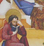 Seated apostle holding lenses in position for reading. Detail from Death of the Virgin, by the Master of Heiligenkreuz, ca. 1400-30 (Getty Center).